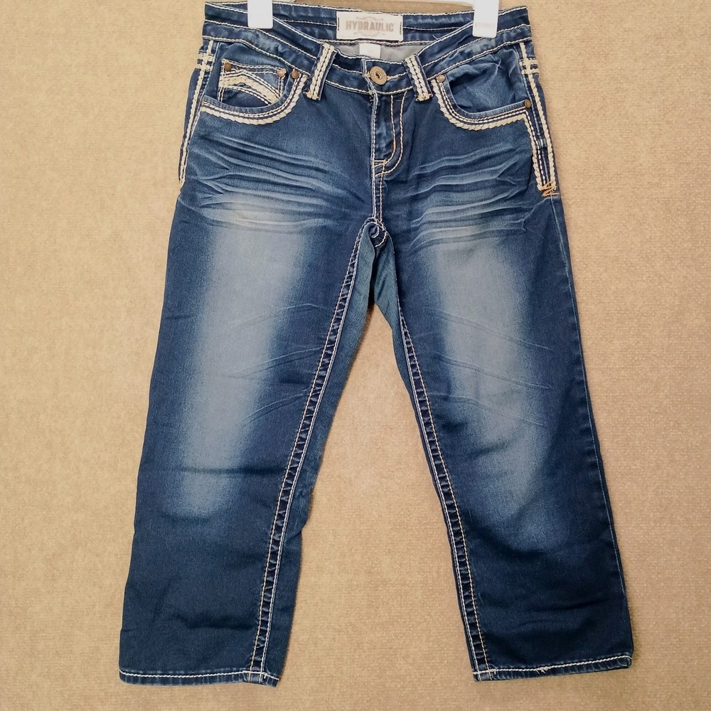 Hydraulic GRAMERCY Women's Size 8 Blue Denim Capris Embroidered Pockets 32x22 - Picture 2 of 14